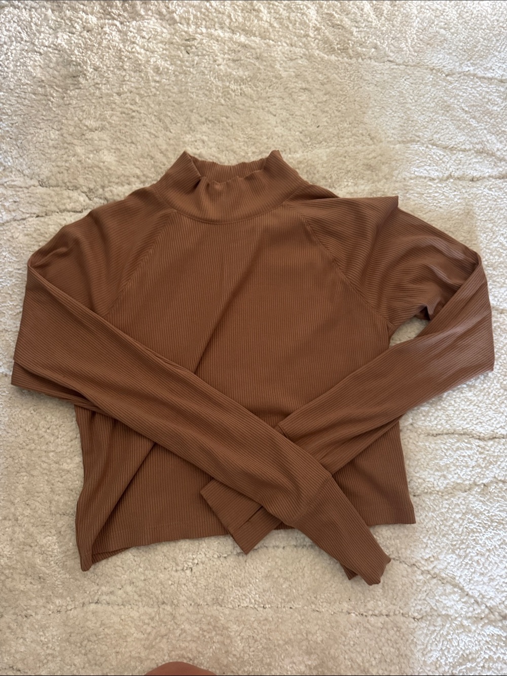 Ribbed Mock-Neck Long Sleeve Top in Chestnut Brown